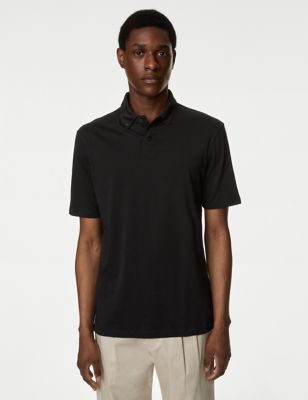 M&S Mens Pure Cotton Jersey Polo Shirt - SREG - Black, Black,Navy,White,Light Airforce
