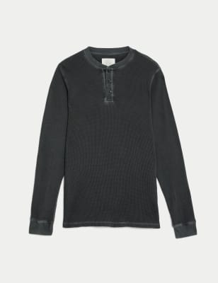 

Mens M&S Collection Langarm-Oberteil aus reiner Baumwolle mit Henley-Ausschnitt und Waffelmuster - Dark Pewter, Dark Pewter