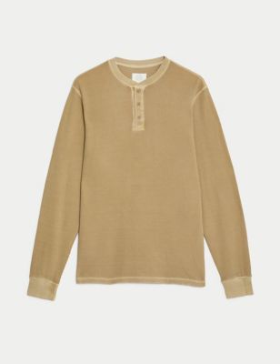 Pure Cotton Waffle Henley Long Sleeve Top