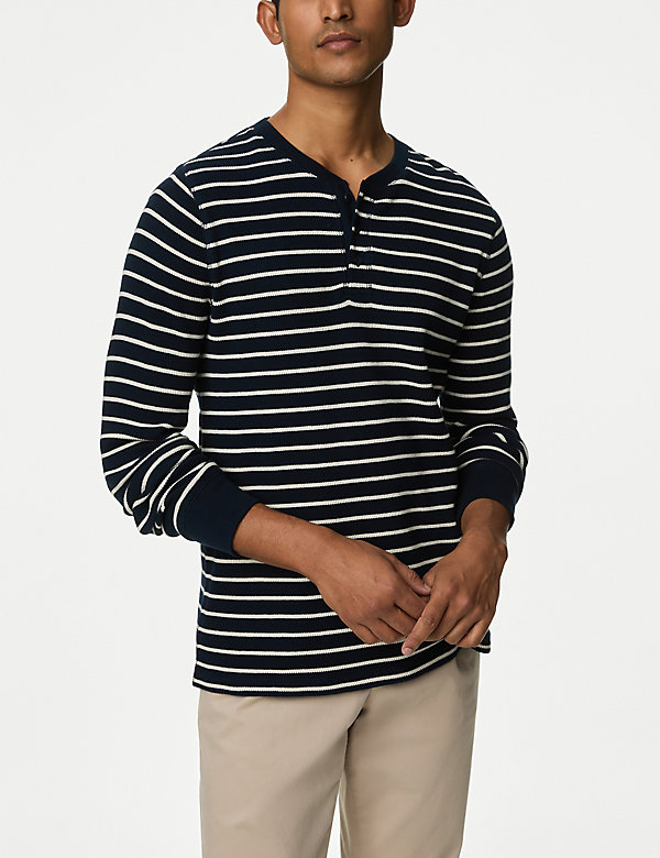 Pure Cotton Striped Waffle Henley T Shirt - ES