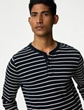 Pure Cotton Striped Waffle Henley T Shirt