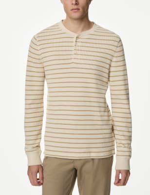 M&S Mens Pure Cotton Striped Waffle Henley T Shirt - MREG - Ecru Mix, Ecru Mix,Navy Mix