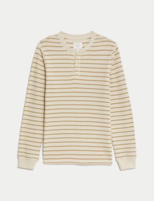 Pure Cotton Striped Waffle Henley T Shirt