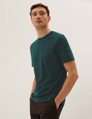 

Mens M&S Collection T-Shirt aus reiner Baumwolle mit schmaler Passform und Rundhalsausschnitt - Forest Green, Forest Green