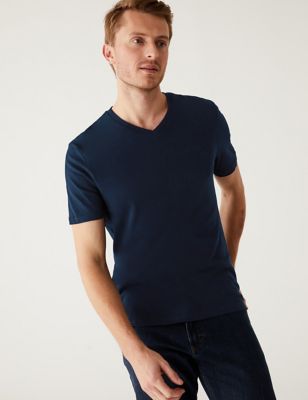Marks And Spencer Mens M&S Collection Pure Cotton V-Neck T-Shirt - Dark Navy, Dark Navy