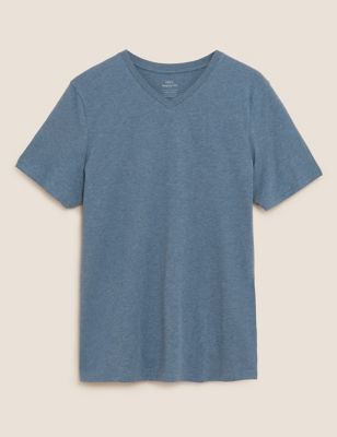 Image of M&S Mens Pure Cotton V-Neck T-Shirt - SSTD - Med Blue Denim, Med Blue Denim,Light Grey,Orange,Aqua,Dark Navy,White,Black