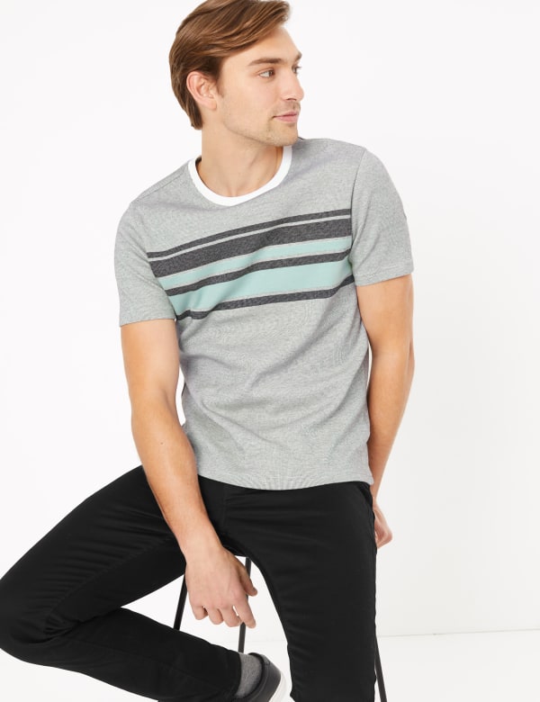Pure Cotton Chest Stripe Knitted T-Shirt