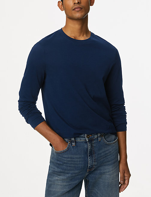Marks And Spencer Mens M&S Collection Pure Cotton Long Sleeve T-Shirt - Dark Navy, Dark Navy