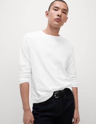 Marks And Spencer Mens M&S Collection Pure Cotton Long Sleeve T-Shirt - White, White