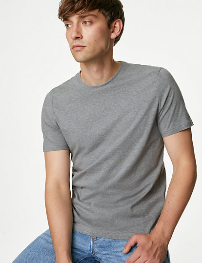 M&S Collection Regular Fit Pure Cotton Crew Neck T-Shirt - Xllng - Grey Marl, Grey Marl