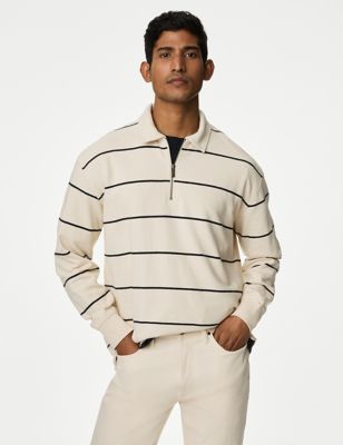 M&S Mens Pure Cotton Textured Striped Polo Shirt - MREG - Ecru Mix, Ecru Mix,Navy Mix