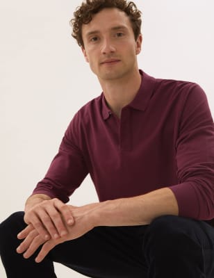 

Mens M&S Collection Polo 100% algodón de manga larga - Dark Berry, Dark Berry