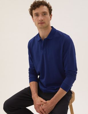

Mens M&S Collection Pure Cotton Long Sleeve Polo Shirt - Royal Blue, Royal Blue