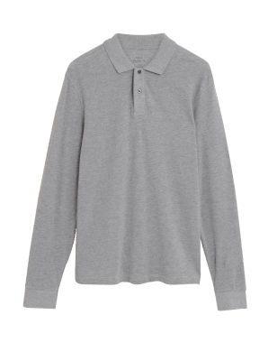 

Mens M&S Collection Pure Cotton Long Sleeve Polo Shirt - Light Grey, Light Grey