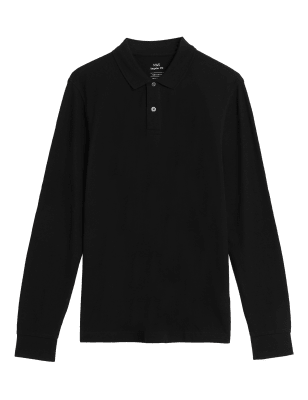 

Mens M&S Collection Pure Cotton Long Sleeve Polo Shirt - Black, Black
