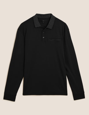 

Mens M&S Collection Langarm-Poloshirt aus reiner Baumwolle mit geometrischem Muster - Black, Black