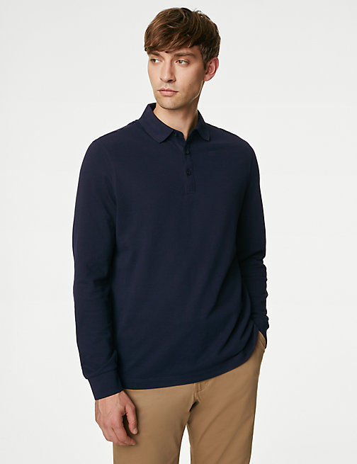 Marks And Spencer Mens M&S Collection Pure Cotton Long Sleeve Polo Shirt - Dark Navy, Dark Navy