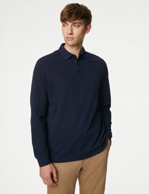 M&S Mens Pure Cotton Long Sleeve Polo Shirt - SREG - Dark Navy, Dark Navy,Black,Pale Blue,White,Ligh