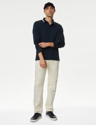

Mens M&S Collection Langärmeliges Poloshirt aus reiner Baumwolle mit Kontrastelementen - Dark Navy, Dark Navy