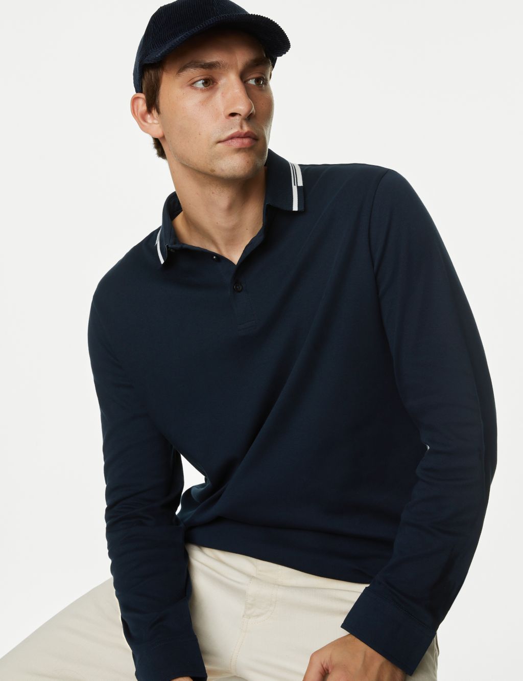 Pure Cotton Tipped Long Sleeve Polo Shirt image 3