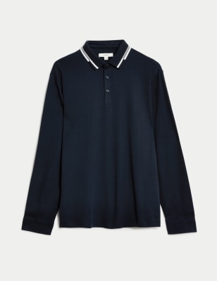 Pure Cotton Tipped Long Sleeve Polo Shirt