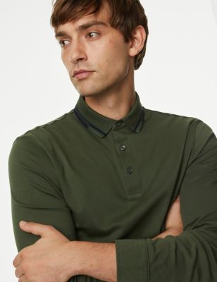 

Mens M&S Collection Pure Cotton Tipped Long Sleeve Polo Shirt - Pine Green, Pine Green