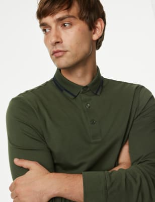 

Mens M&S Collection Pure Cotton Tipped Long Sleeve Polo Shirt - Pine Green, Pine Green