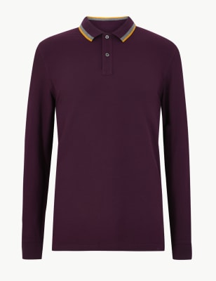 Polo en coton &agrave; manches longues et bordures contrast&eacute;es
