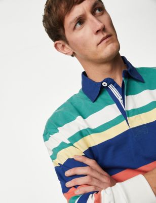 M&S Mens Pure Cotton Colour Block Striped Rugby Shirt - SREG - Green Mix, Green Mix