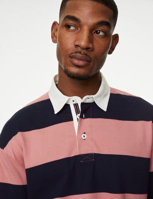M&S Mens Pure Cotton Striped Long Sleeve Rugby Shirt - SREG - Pink Mix, Pink Mix,Blue Mix