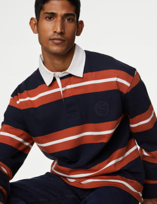 M&S Men's Pure Cotton Striped Long Sleeve Rugby Shirt - XXLREG - Navy Mix, Navy Mix,Ecru Mix