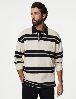 M&S Mens Pure Cotton Striped Long Sleeve Rugby Shirt - XLLNG - Ecru Mix, Ecru Mix,Navy Mix