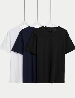 M&S Men's 3pk Slim Fit Pure Cotton Crew Neck T-Shirts - MREG - Navy Mix, Navy Mix,White Mix