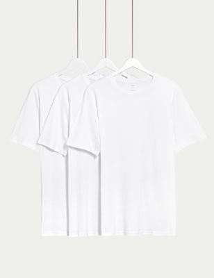 M&S Mens 3pk Slim Fit Pure Cotton Crew Neck T-Shirts - XXXLREG - White Mix, White Mix,Navy Mix
