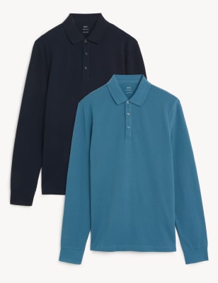 

Mens M&S Collection 2pk Pure Cotton Long Sleeve Polo Shirts - Dark Turquoise, Dark Turquoise