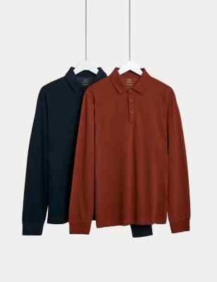 M&S Men's 2pk Pure Cotton Long Sleeve Polo Shirts - XXLREG - Rust Mix, Rust Mix