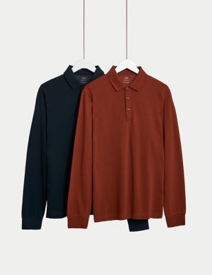 M&S Mens 2pk Pure Cotton Long Sleeve Polo Shirts - LREG - Rust Mix, Rust Mix