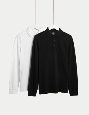 M&S Mens 2pk Pure Cotton Long Sleeve Polo Shirts - MREG - White Mix, White Mix,Black Mix,Pale Blue M
