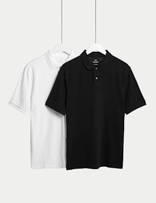 M&S Men's 2 Pack Pure Cotton Polo Shirts - MREG - Black/White, Black/White,Teal Mix,White Mix,Black 