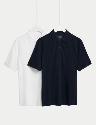 M&S Mens 2 Pack Pure Cotton Polo Shirts - SREG - White Mix, White Mix,Black/White,Teal Mix,Pale Blue
