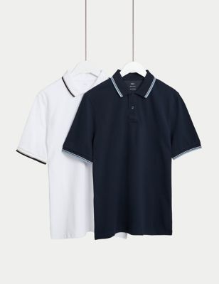 M&S Men's 2pk Pure Cotton Tipped Polo Shirts - SREG - White Mix, White Mix
