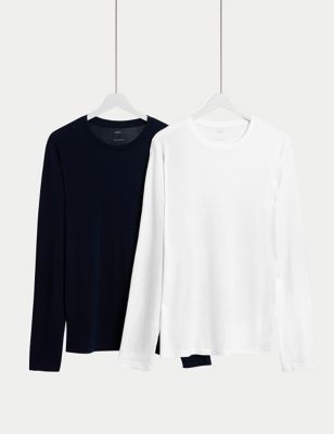 M&S Mens 2pk Pure Cotton Long Sleeve T-Shirts - LREG - Navy Mix, Navy Mix,Black Mix,Black