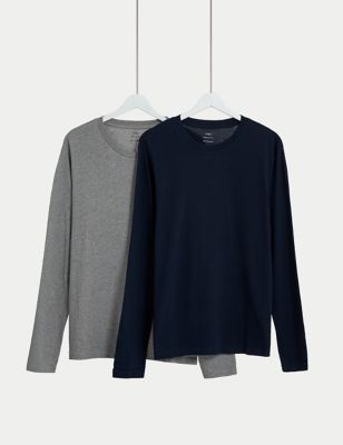 M&S Mens 2pk Pure Cotton Long Sleeve T-Shirts - MREG - Grey Mix, Grey Mix,Navy Mix,Black Mix,Black
