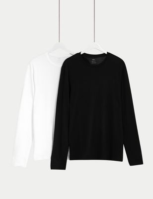 M&S Mens 2pk Pure Cotton Long Sleeve T-Shirts - MREG - Black Mix, Black Mix,Black