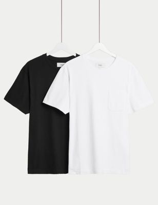 M&S Mens 2pk Pure Cotton Crew Neck T-Shirts - MREG - Black Mix, Black Mix,Navy Mix,White