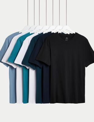M&S Mens 7pk Pure Cotton Crew Neck T-Shirts - MREG - Turquoise Mix, Turquoise Mix,White Mix,Blue Mix