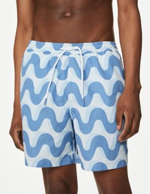 M&S Mens Quick Dry Wave Print Swim Shorts - MREG - Blue Mix, Blue Mix