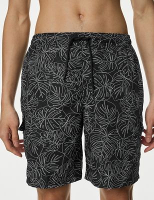 M&S Men's Quick Dry Palm Tree Print Longer Length Swim Shorts - MREG - Black, Black