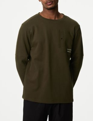 M&S Mens Pure Cotton Long Sleeve Top - MREG - Khaki, Khaki,Dark Navy