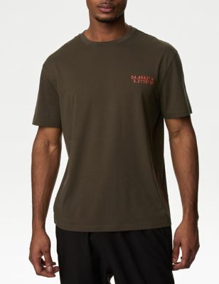 M&S Men's Cotton Blend Grid Reference Graphic T-Shirt - MREG - Dark Khaki, Dark Khaki
